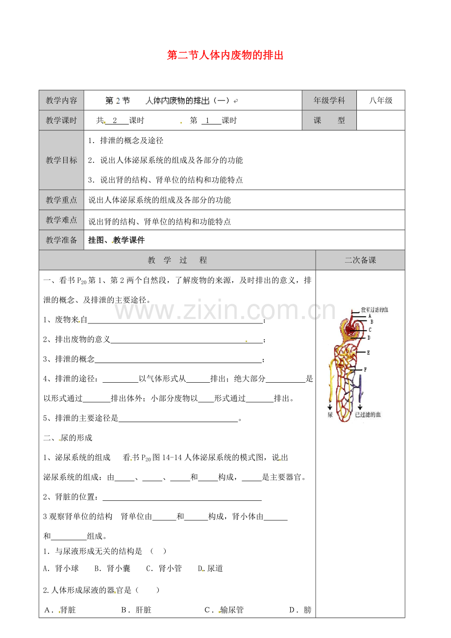 江苏省徐州市黄山外国语学校八年级生物上册 第15章 维持生物体内的平衡 第二节人体内废物的排出教案 苏科版.doc_第1页