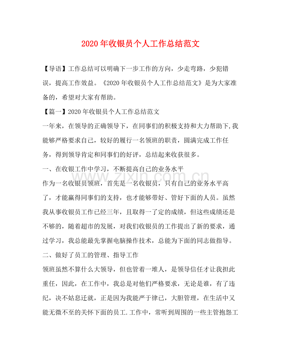 2020年收银员个人工作总结范文.docx_第1页