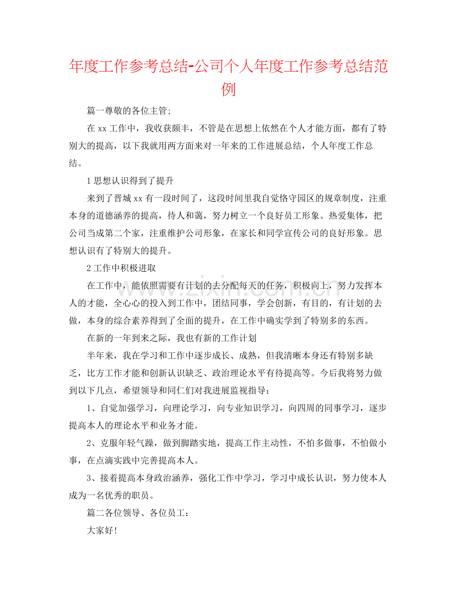 2021年度工作参考总结公司个人年度工作参考总结范例.docx_第1页