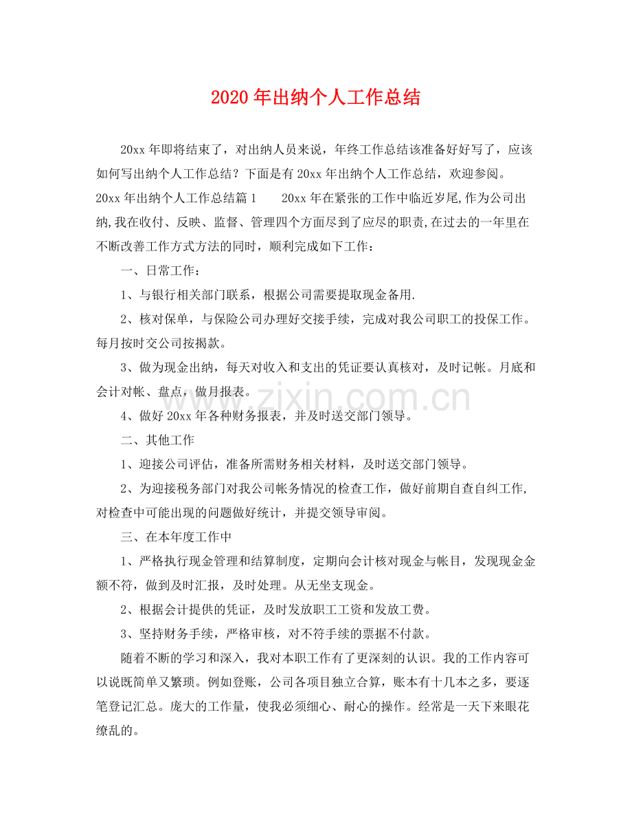 2020年出纳个人工作总结 .docx_第1页