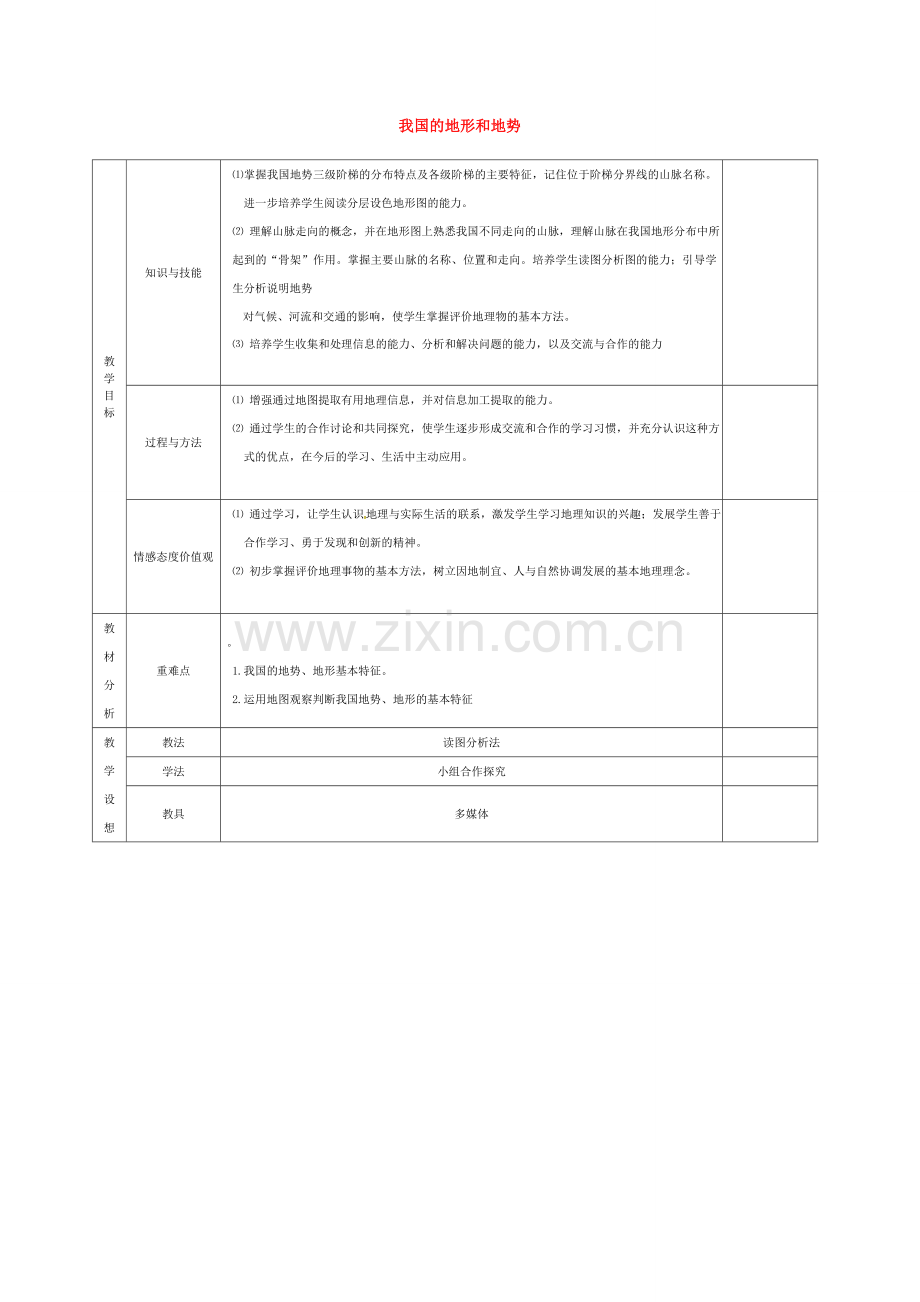 八年级地理上册 2.1 我国的地形和地势教案1 新人教版-新人教版初中八年级上册地理教案.doc_第1页