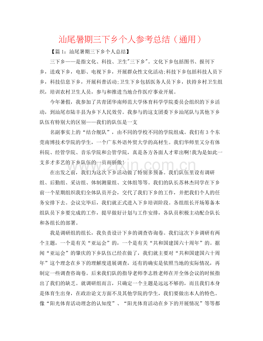 汕尾暑期三下乡个人参考总结（通用）.docx_第1页