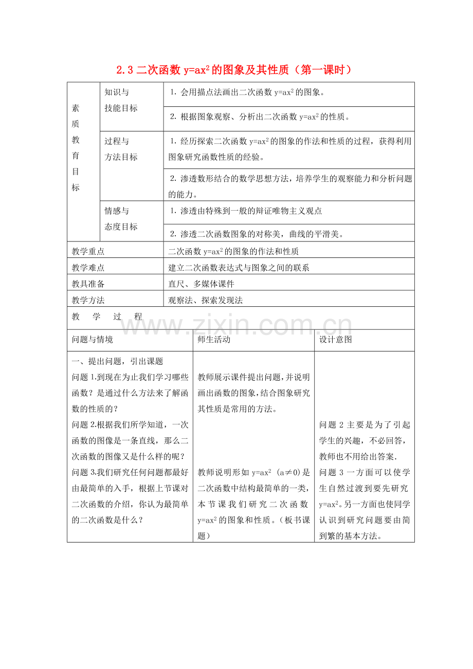 浙江省慈溪市横河初级中学九年级数学上册 2.2二次函数的图象（第一课时）教案 浙教版.doc_第1页