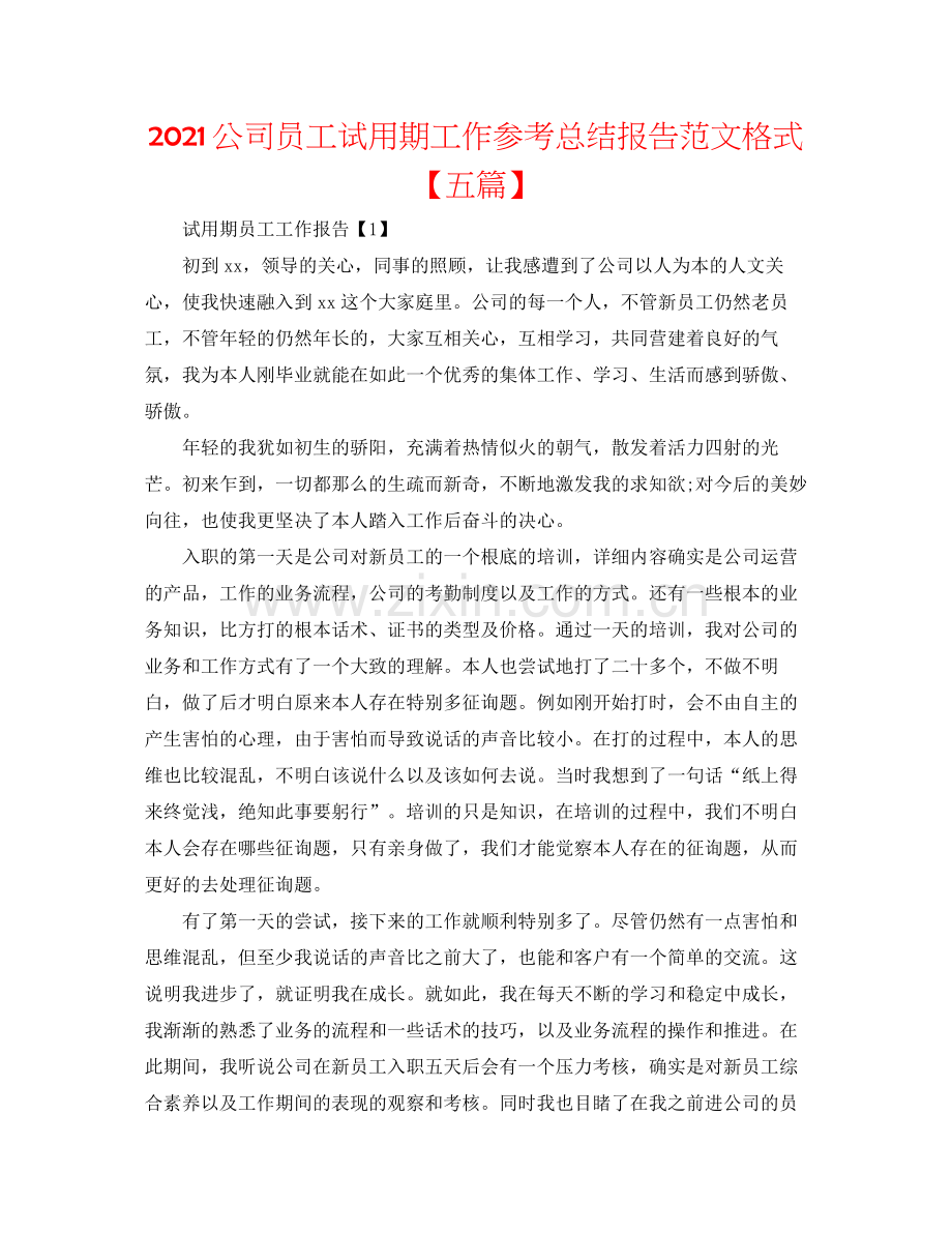 公司员工试用期工作参考总结报告范文格式【五篇】.docx_第1页