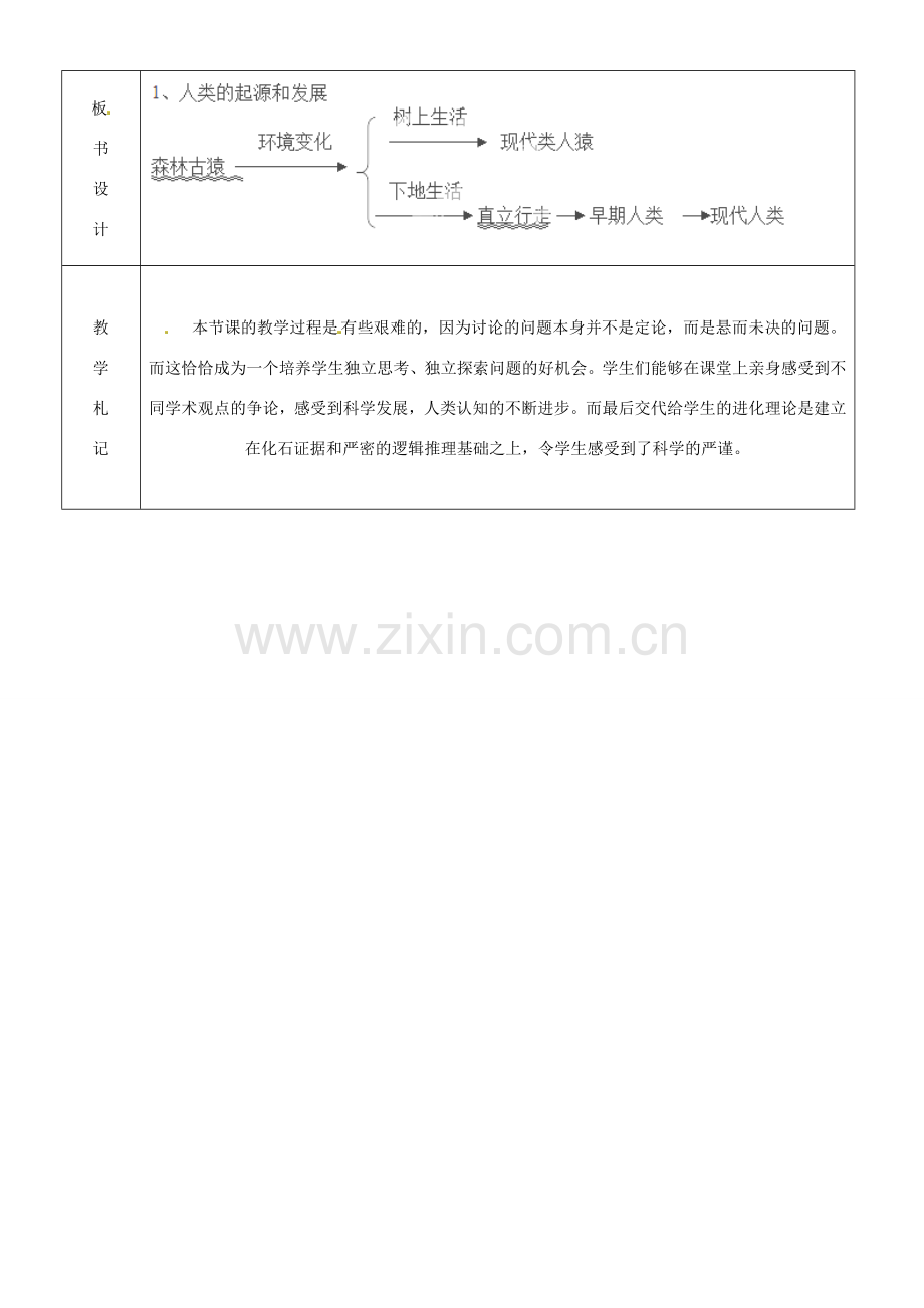 山东省临沂市蒙阴县第四中学七年级生物下册 4.1.1 人类的起源和发展教案 （新版）新人教版.doc_第3页