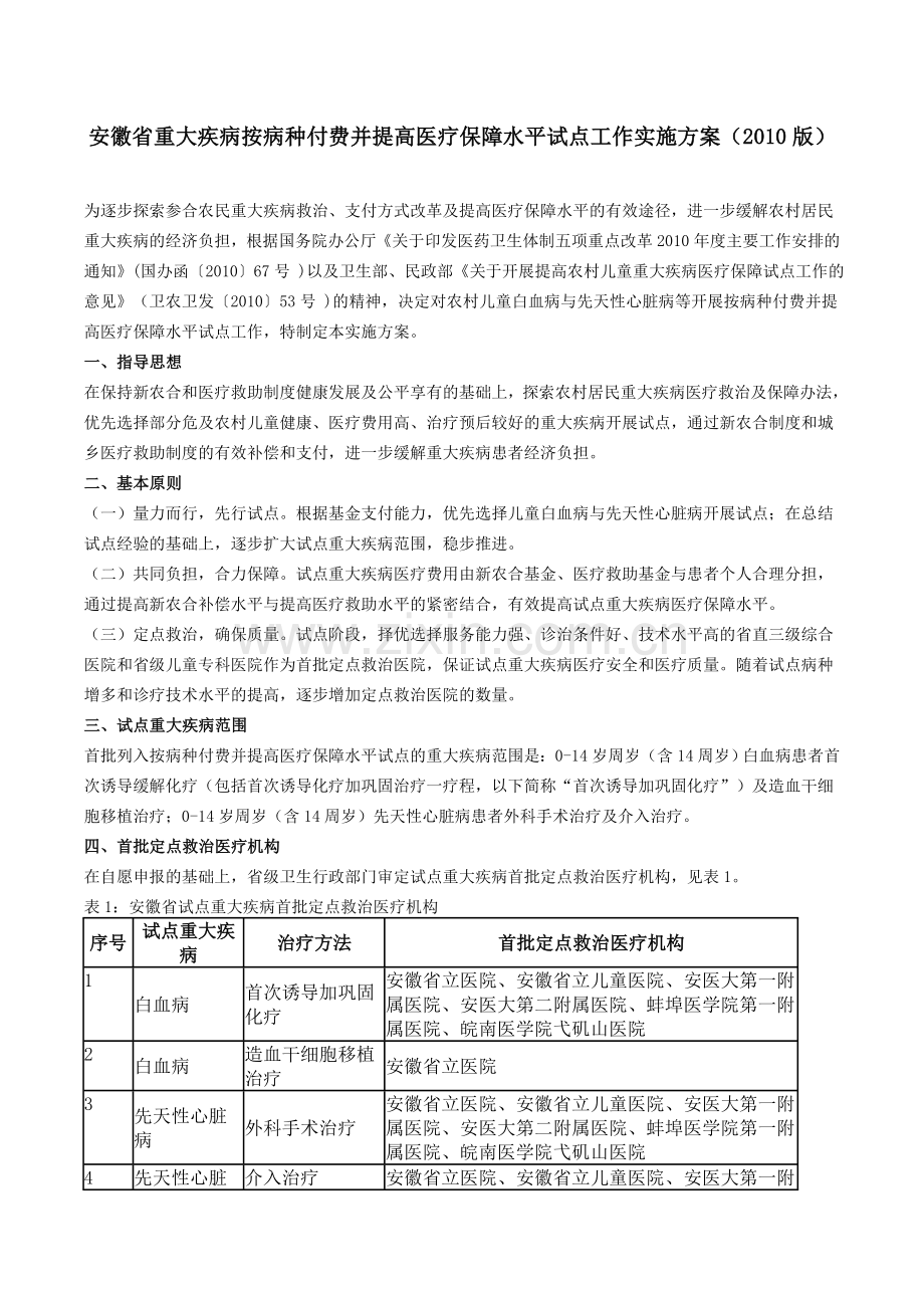 安徽省重大疾病按病种付费并提高医疗保障水平试点工作实施方案(2010版).doc_第1页