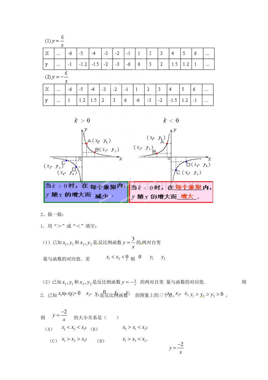 浙江省杭州市三墩中学九年级数学上册 第一章《1.2反比例函数的图像和性质（2）》教案 浙教版.doc_第2页