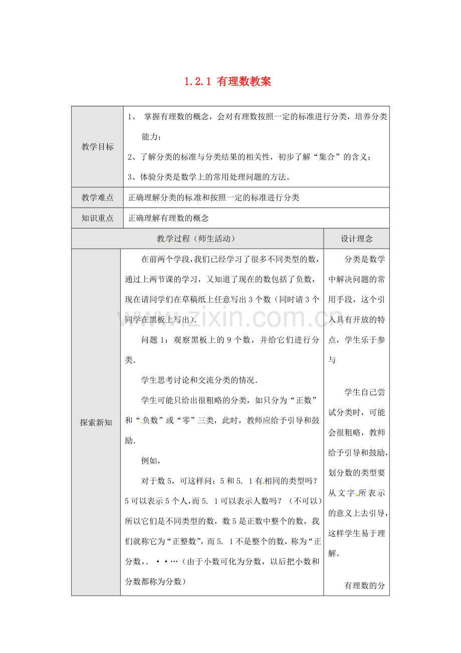 新疆兵团第五师八十八团学校七年级数学下册 1.2.1 有理数教案 （新版）新人教版.doc_第1页