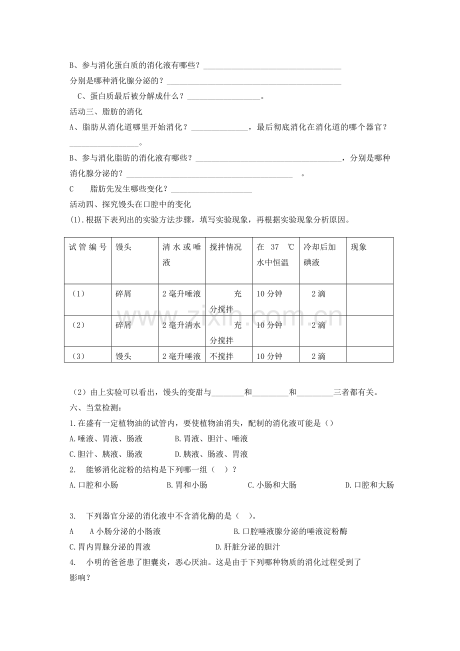 山东省泰安市新泰七年级生物下册 第二章 第二节消化和吸收学案（无答案） 新人教版.doc_第2页