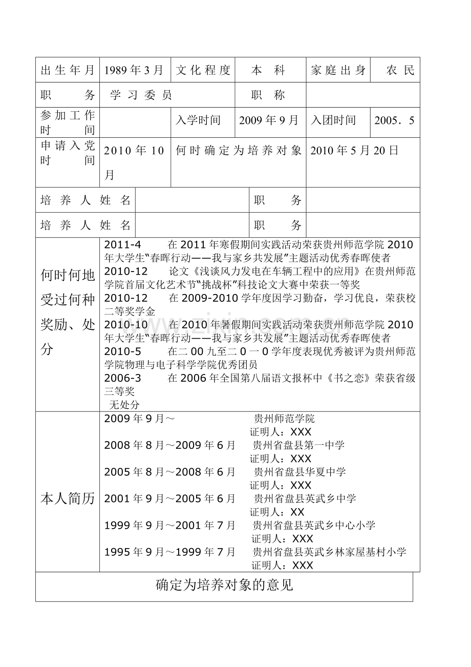 申请入党积极分子培养考察情况登记表(参考模板).doc_第2页