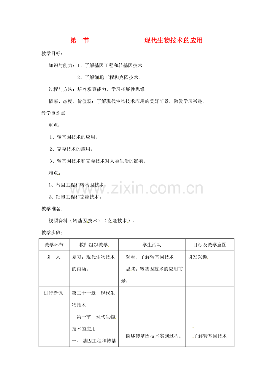 八年级生物上册 第21章第1节现代生物技术的应用教案 苏教版.doc_第1页