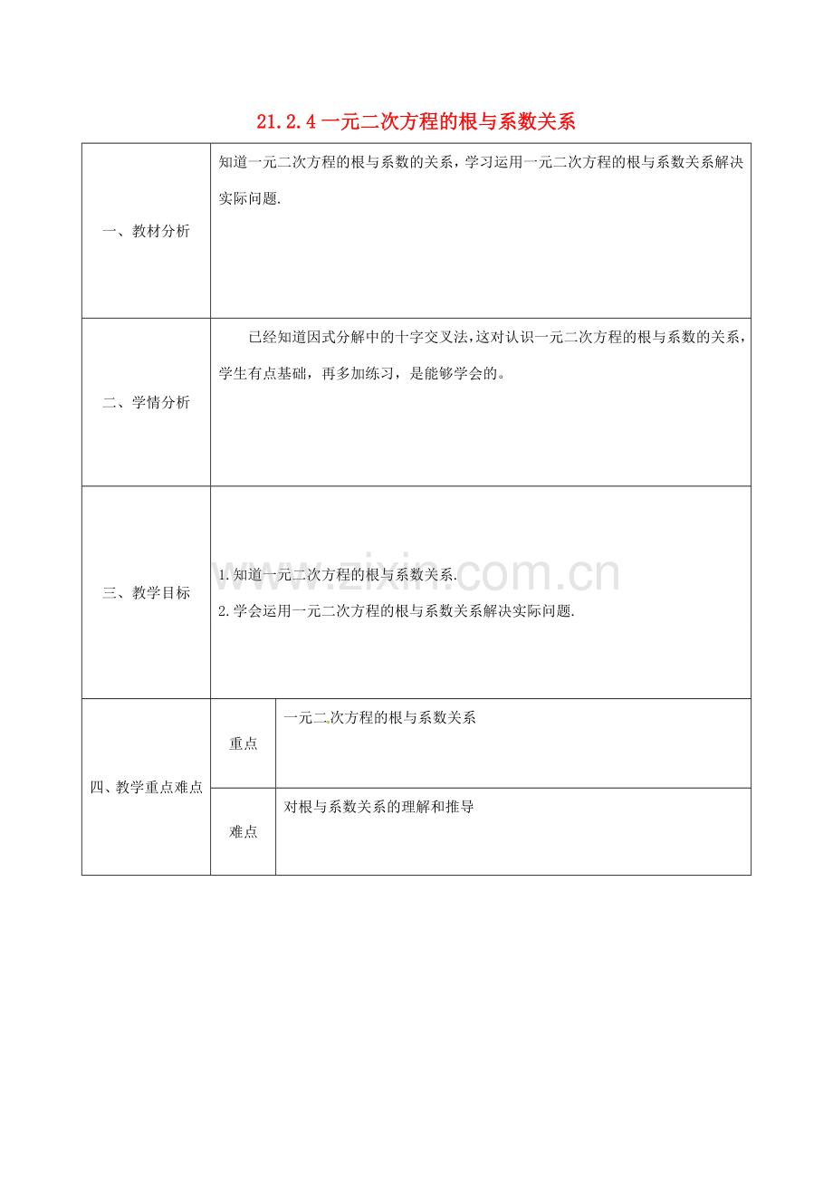 陕西省安康市石泉县池河镇九年级数学上册 21.2.4 一元二次方程的根与系数的关系教案 （新版）新人教版-（新版）新人教版初中九年级上册数学教案.doc_第1页