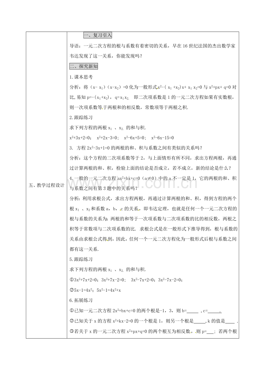 陕西省安康市石泉县池河镇九年级数学上册 21.2.4 一元二次方程的根与系数的关系教案 （新版）新人教版-（新版）新人教版初中九年级上册数学教案.doc_第2页