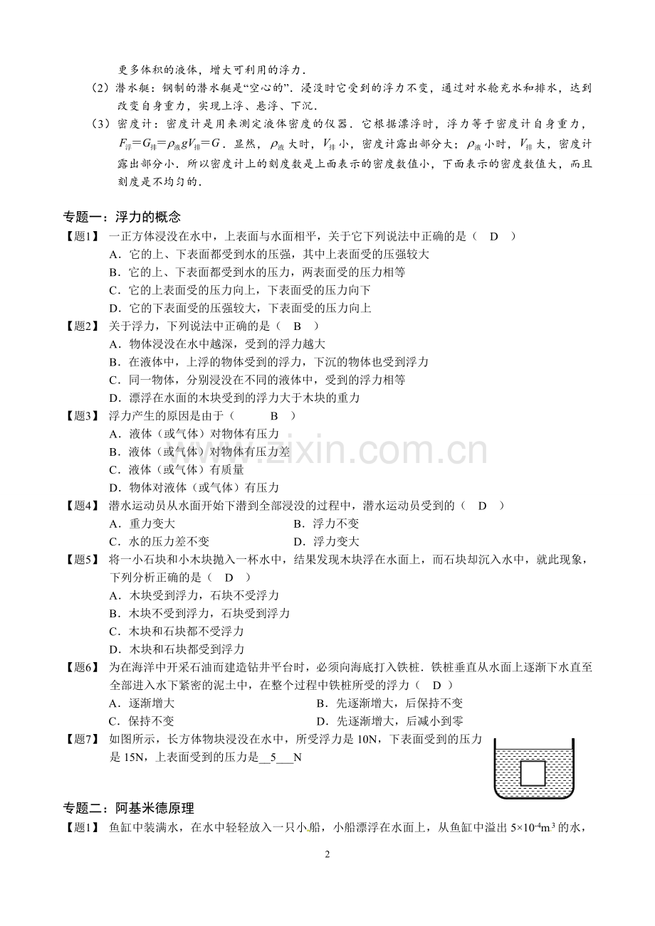 浮力及其产生原因、阿基米德原理、浮沉条件及其解题(有答案).doc_第2页