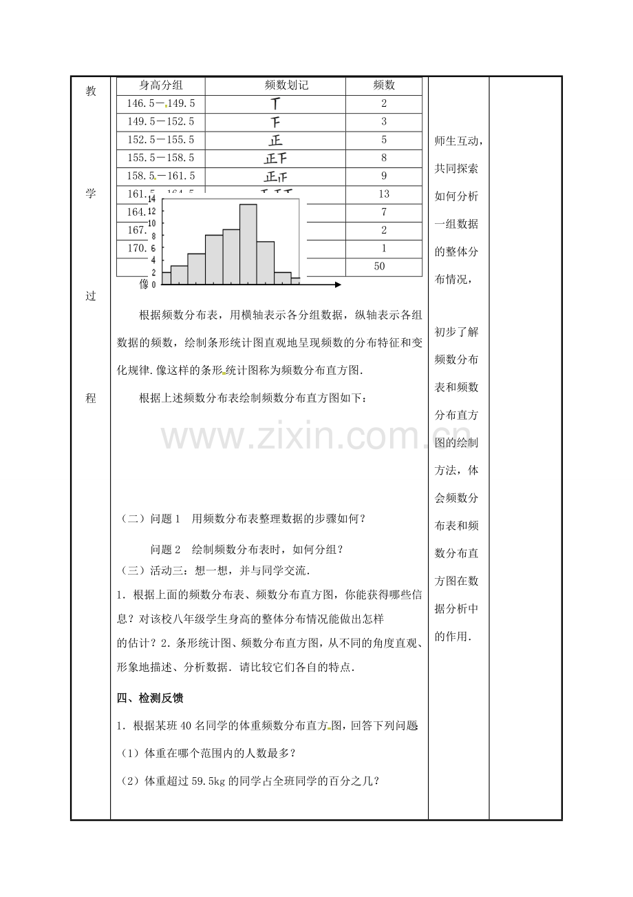 江苏省徐州市新沂市踢球山乡八年级数学下册 第七章 数据的收集、整理与描述 7.4 频数分布表和频数分布直方图教案 （新版）苏科版-（新版）苏科版初中八年级下册数学教案.doc_第3页