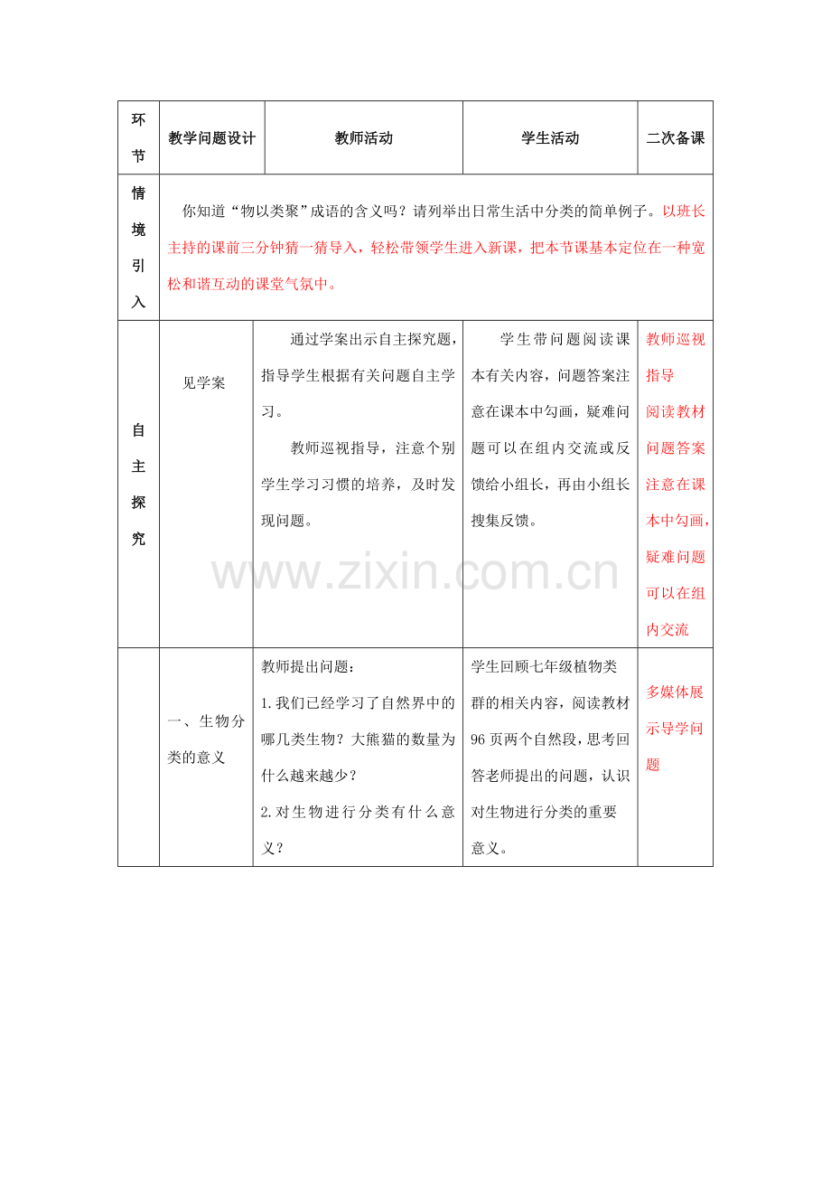 八年级生物上册 第六单元 第一章 根据生物的特征进行分类 第一节 尝试对生物进行分类教案 新人教版.doc_第2页