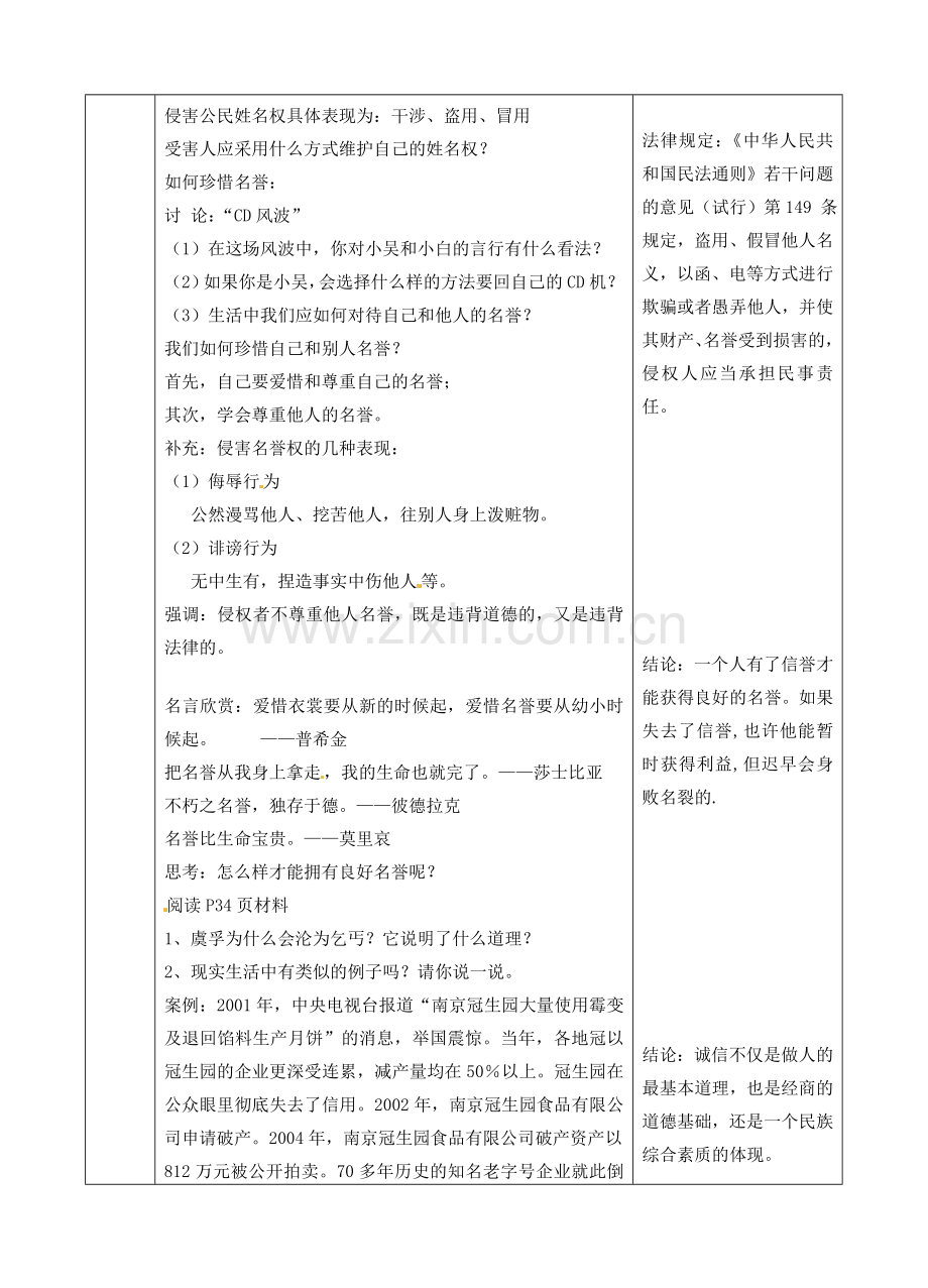 江苏省苏州张家港市一中七年级政治上册 第四课 人格不可辱教案 苏教版.doc_第3页