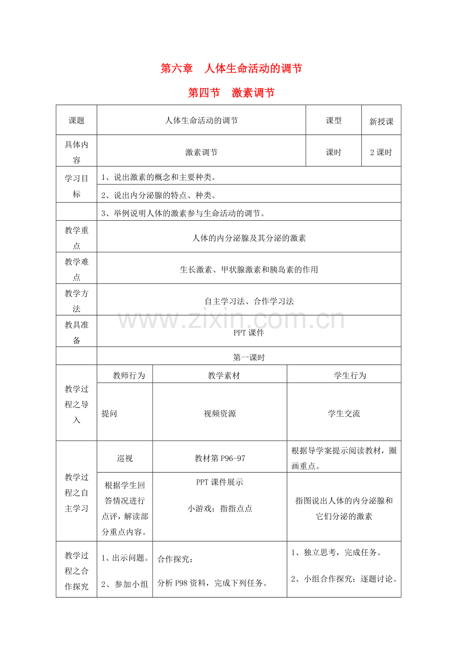 湖北省夷陵区小溪塔三中七年级生物下册 第六章 第四节《激素调节》教学设计 新人教版.doc_第1页