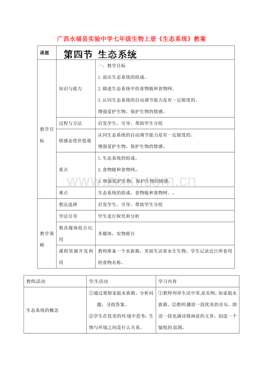 广西永福县实验中学七年级生物上册《生态系统》教案.doc_第1页