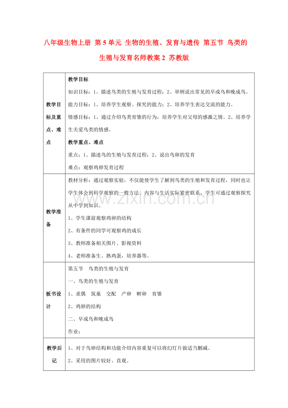 八年级生物上册 第5单元 生物的生殖、发育与遗传 第五节 鸟类的生殖与发育名师教案2 苏教版.doc_第1页