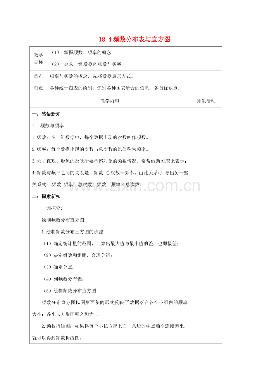 八年级数学下册 18.4 频数分布表与直方图教案 （新版）冀教版-（新版）冀教版初中八年级下册数学教案.doc_第1页