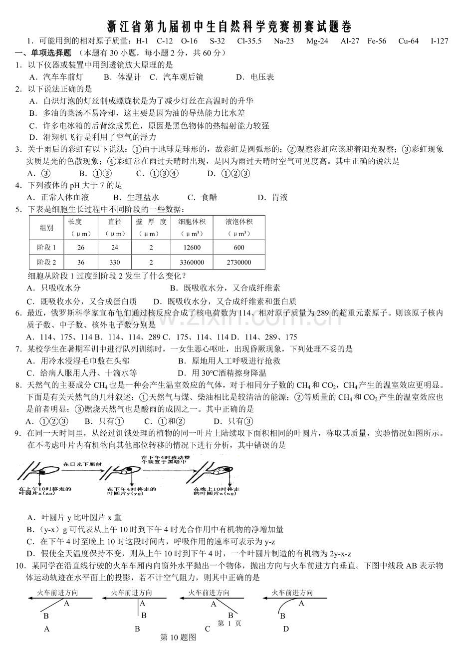 浙江省第九届初中生自然科学竞赛初赛试题卷及答案.doc_第1页