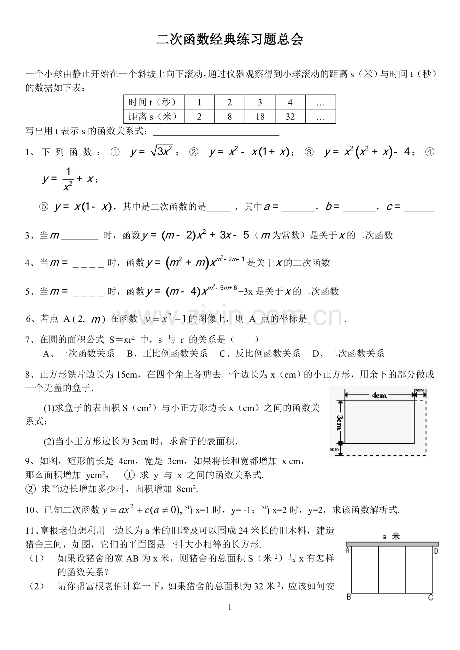 二次函数经典基础分类练习题(含答案).doc_第1页