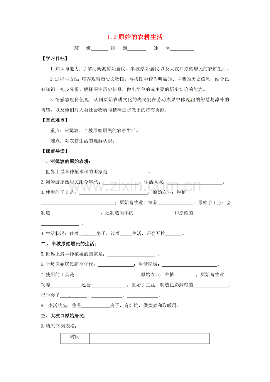 辽宁省凌海市石山初级中学七年级历史上册 1.2原始的农耕生活问题导读单 新人教版.doc_第1页