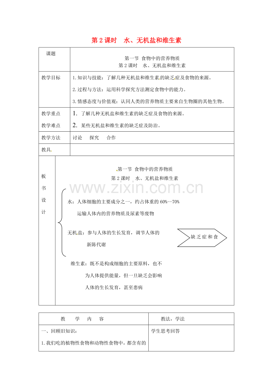 春七年级生物下册 第四单元 第二章 第一节 食物中的营养物质（第2课时 水、无机盐和维生素）教案 （新版）新人教版-（新版）新人教版初中七年级下册生物教案.doc_第1页