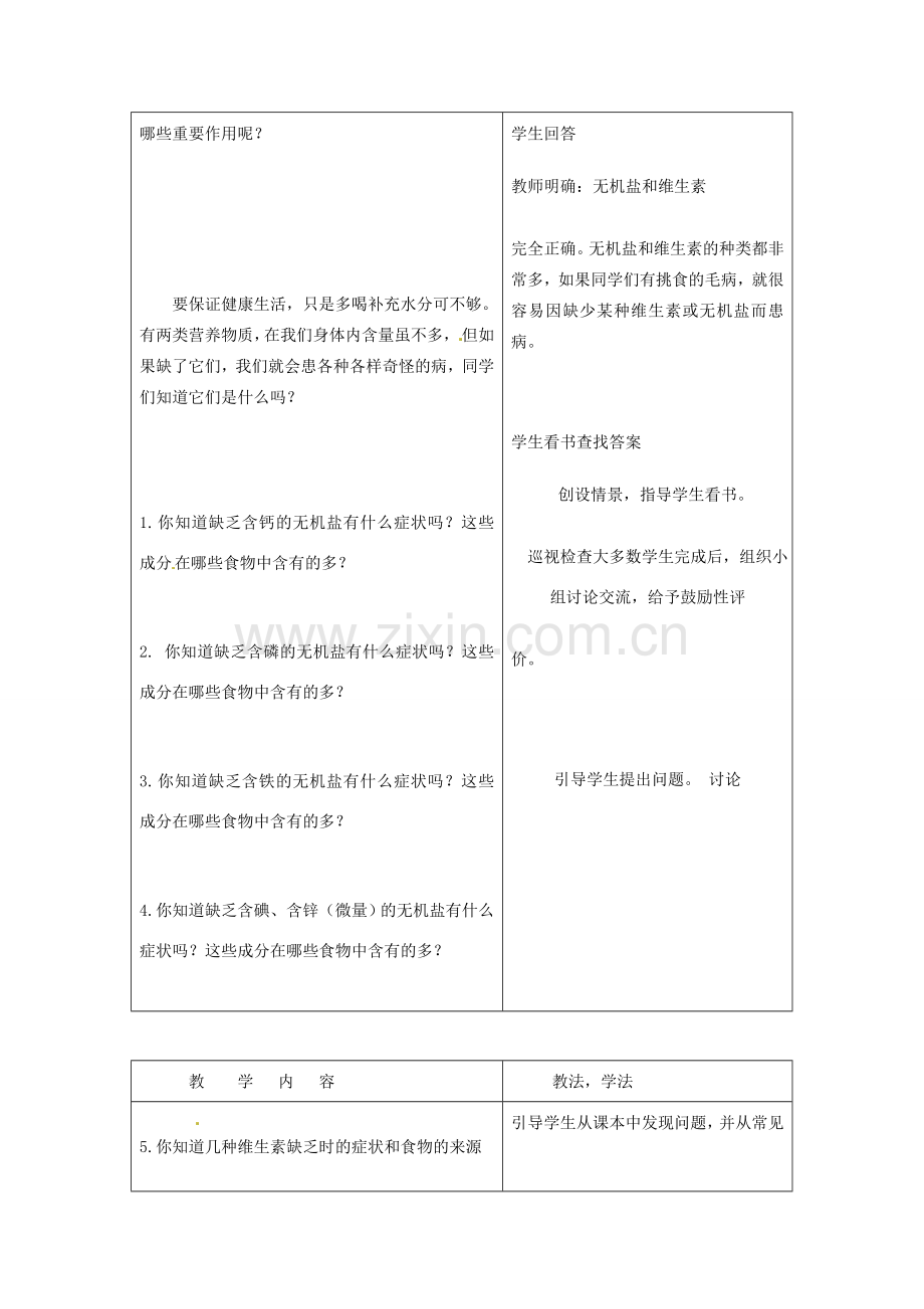 春七年级生物下册 第四单元 第二章 第一节 食物中的营养物质（第2课时 水、无机盐和维生素）教案 （新版）新人教版-（新版）新人教版初中七年级下册生物教案.doc_第3页