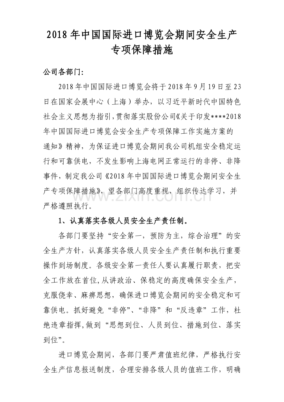 电厂进口博览会期间安全生产专项保障措施.doc_第1页