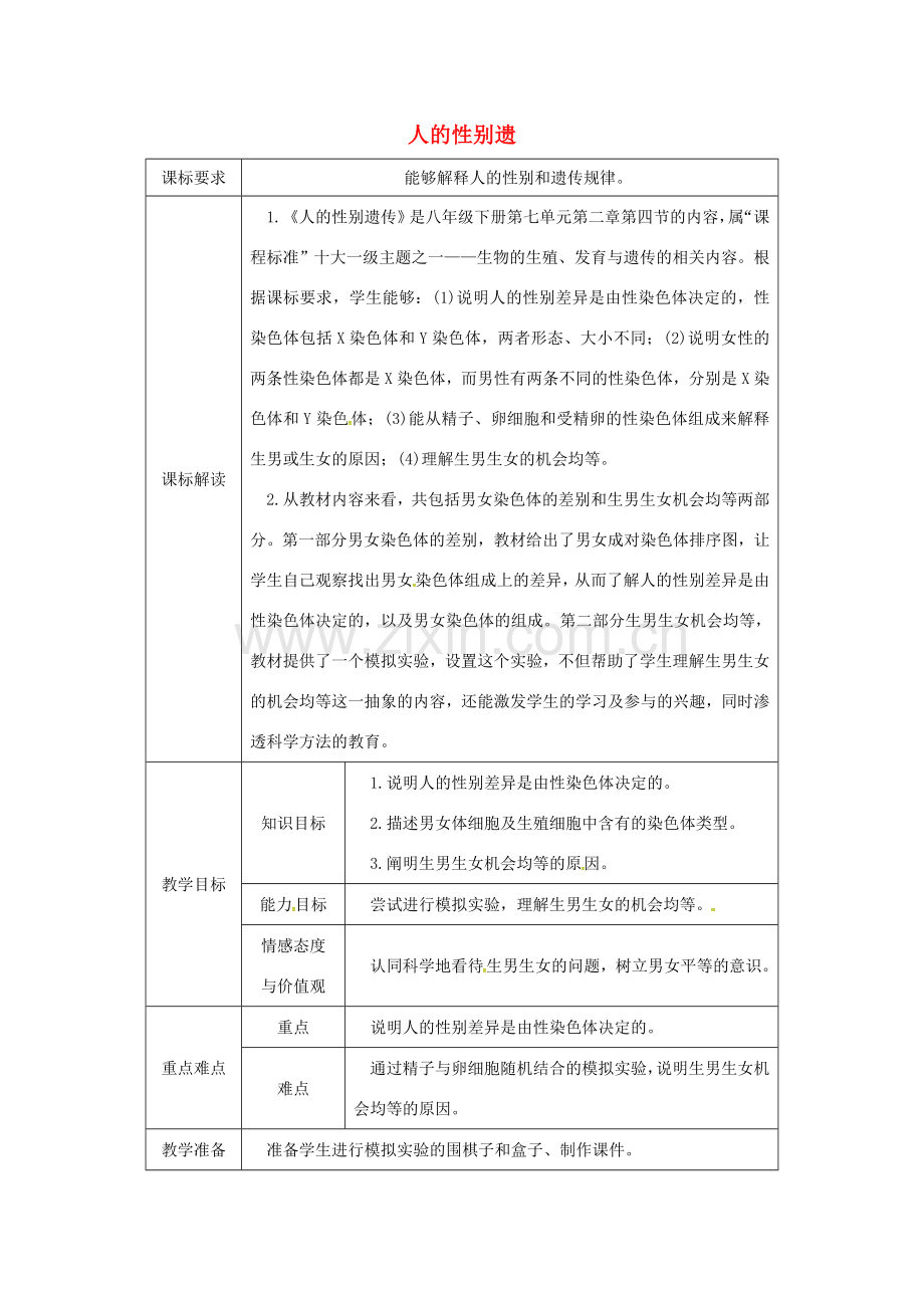 八年级生物下册 7.2.4人的性别遗传授课典案 （新版）新人教版-（新版）新人教版初中八年级下册生物教案.doc_第1页