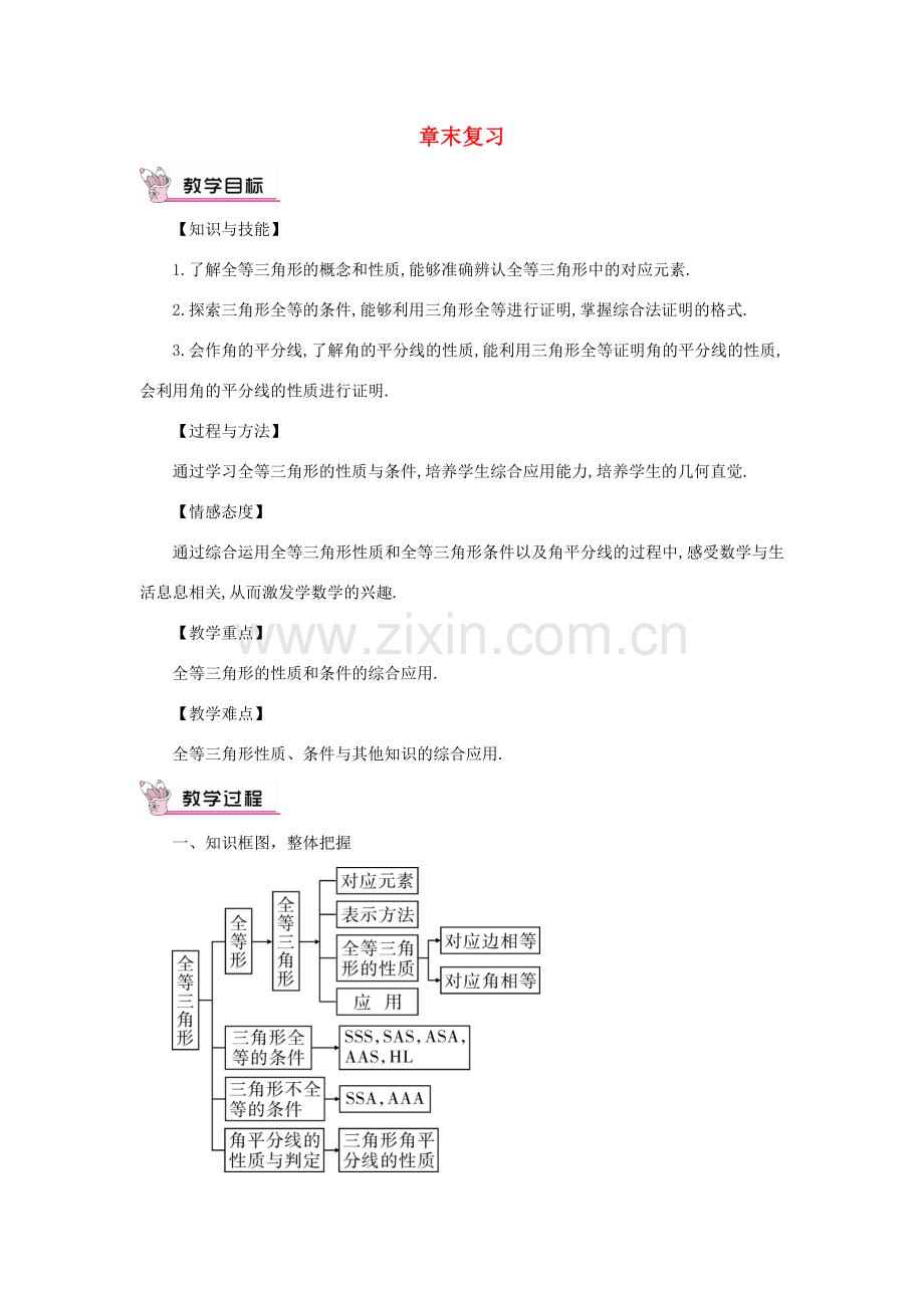 八年级数学上册 第十二章 全等三角形章末复习教案（新版）新人教版-（新版）新人教版初中八年级上册数学教案.doc_第1页