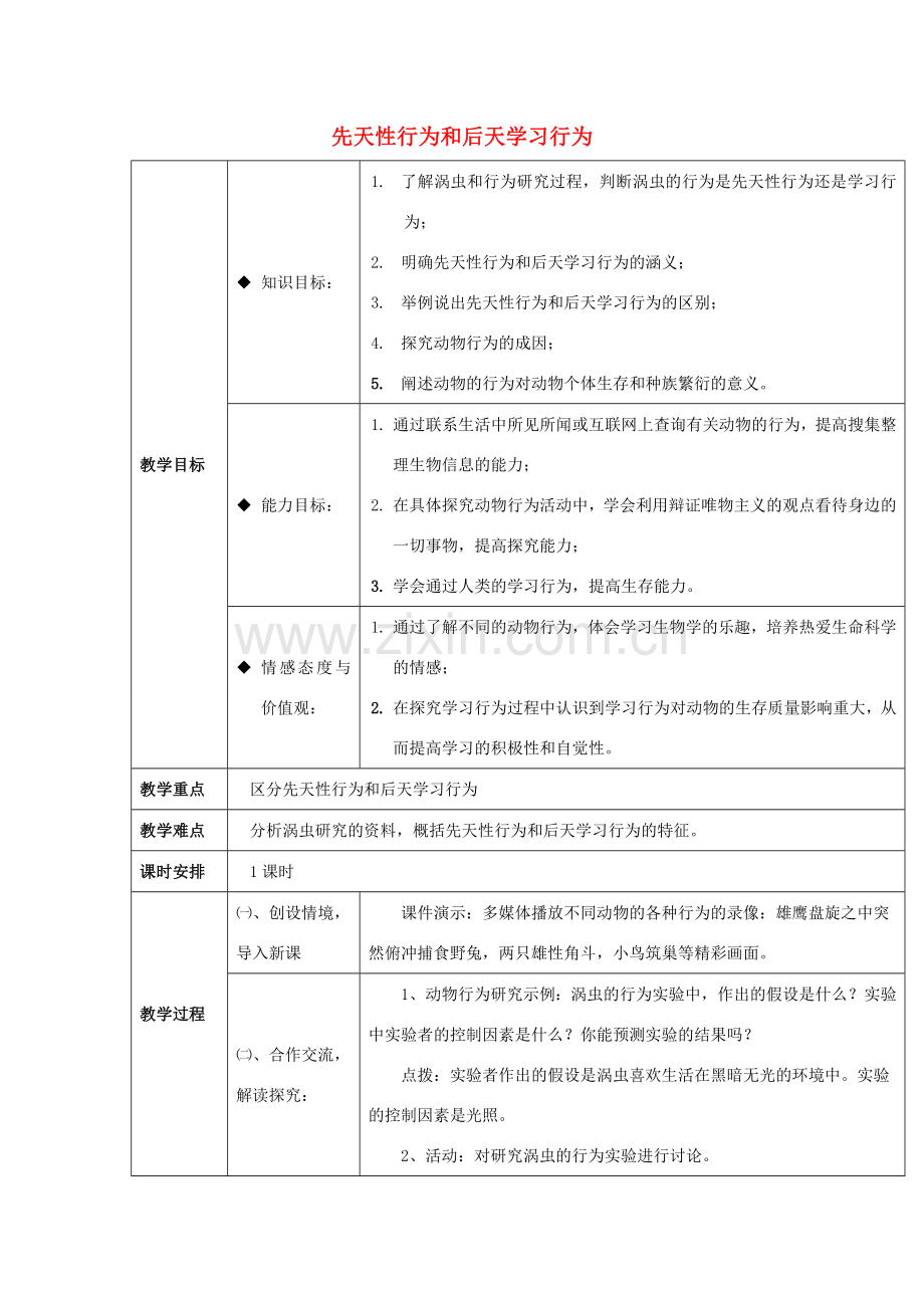 八年级生物上册 16.1《先天性行为和后天学习行为》教案2 （新版）北师大版-（新版）北师大版初中八年级上册生物教案.doc_第1页