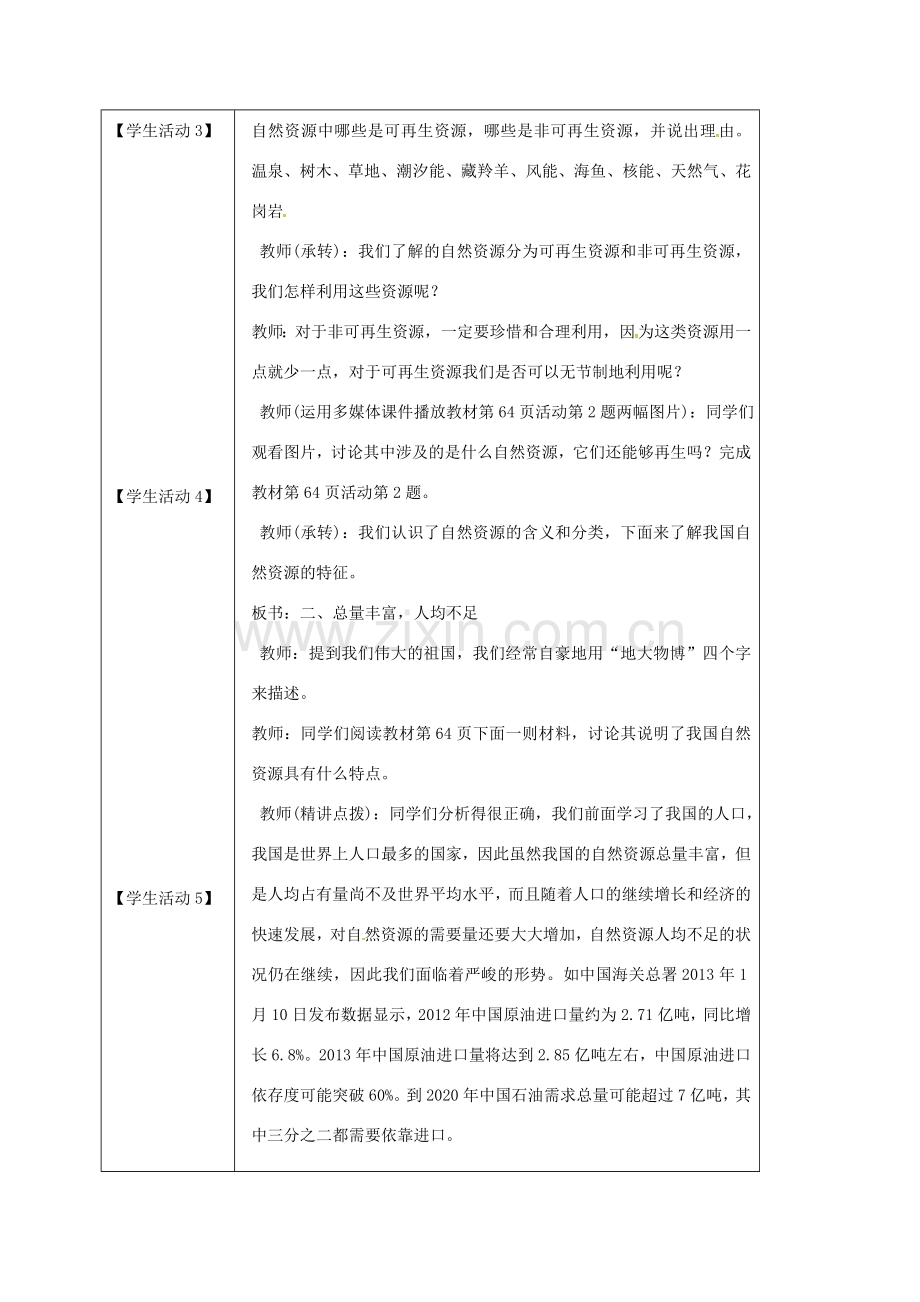 江苏省大丰区八年级地理上册 3.1自然资源的基本特征教案 （新版）新人教版-（新版）新人教版初中八年级上册地理教案.doc_第3页