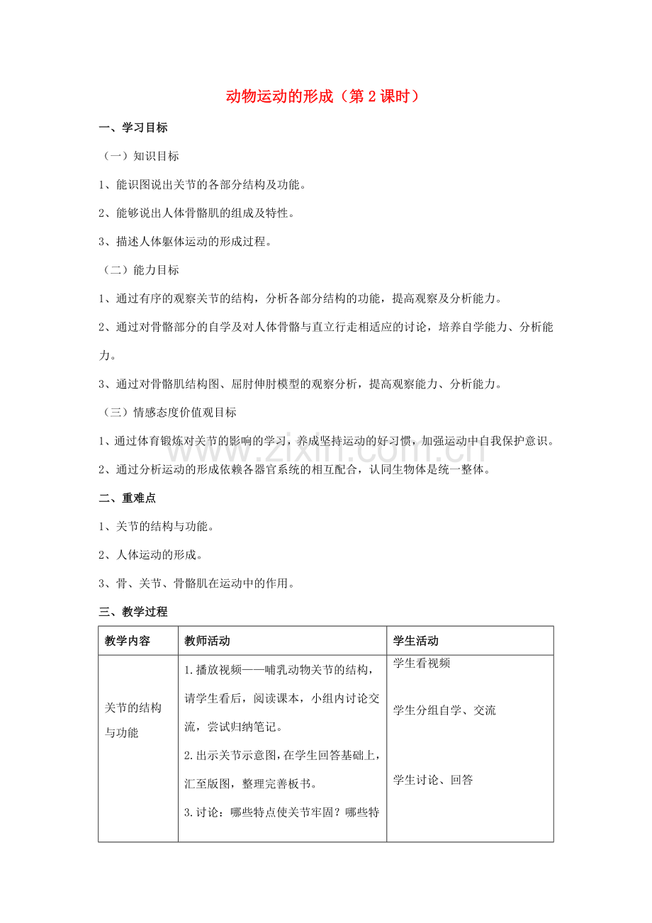 八年级生物上册 15.2《动物运动的形成》（第2课时）教案 （新版）北师大版-（新版）北师大版初中八年级上册生物教案.doc_第1页