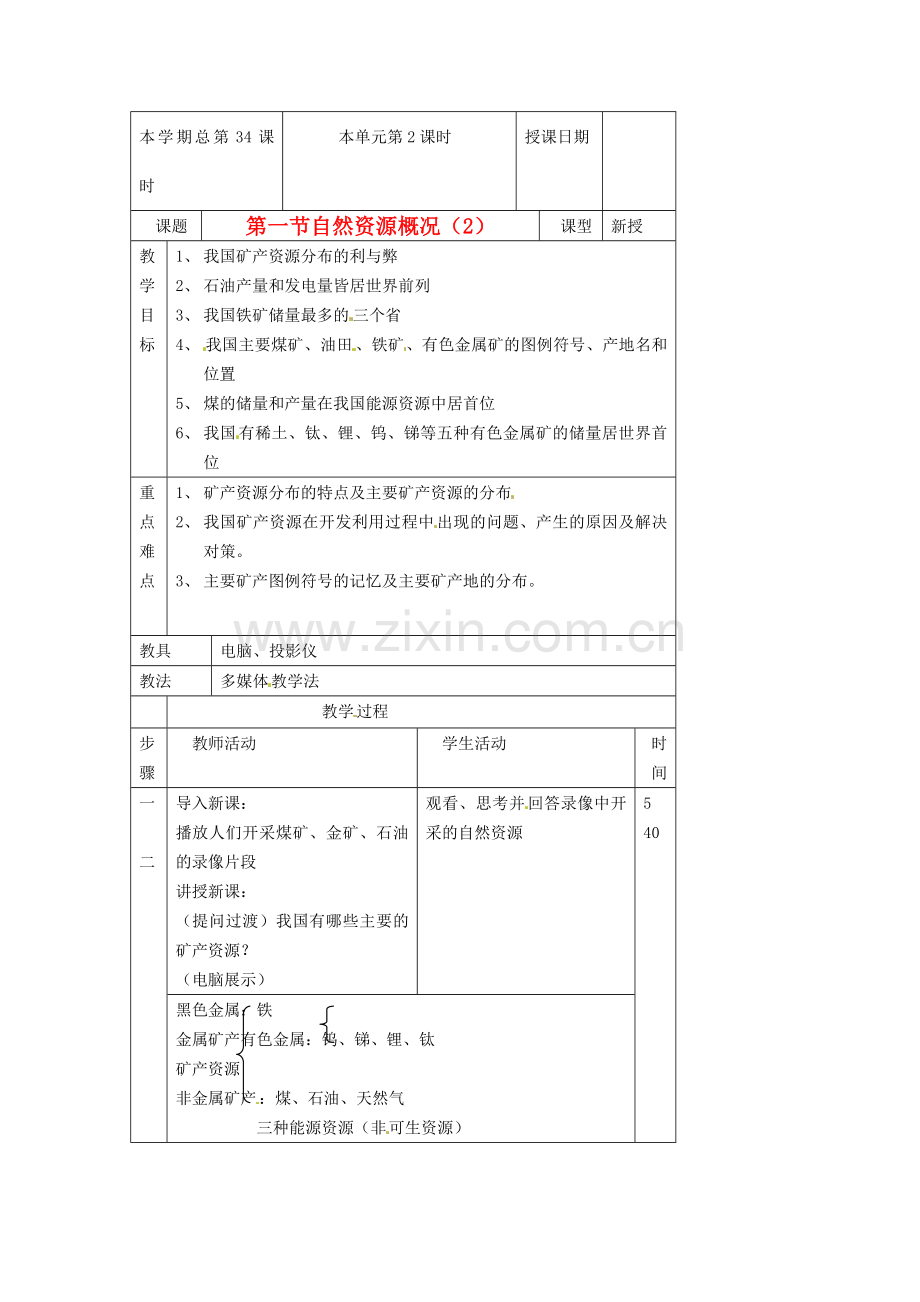 八年级地理上册 第三章 第一节 自然资源概况教案1 湘教版.doc_第1页