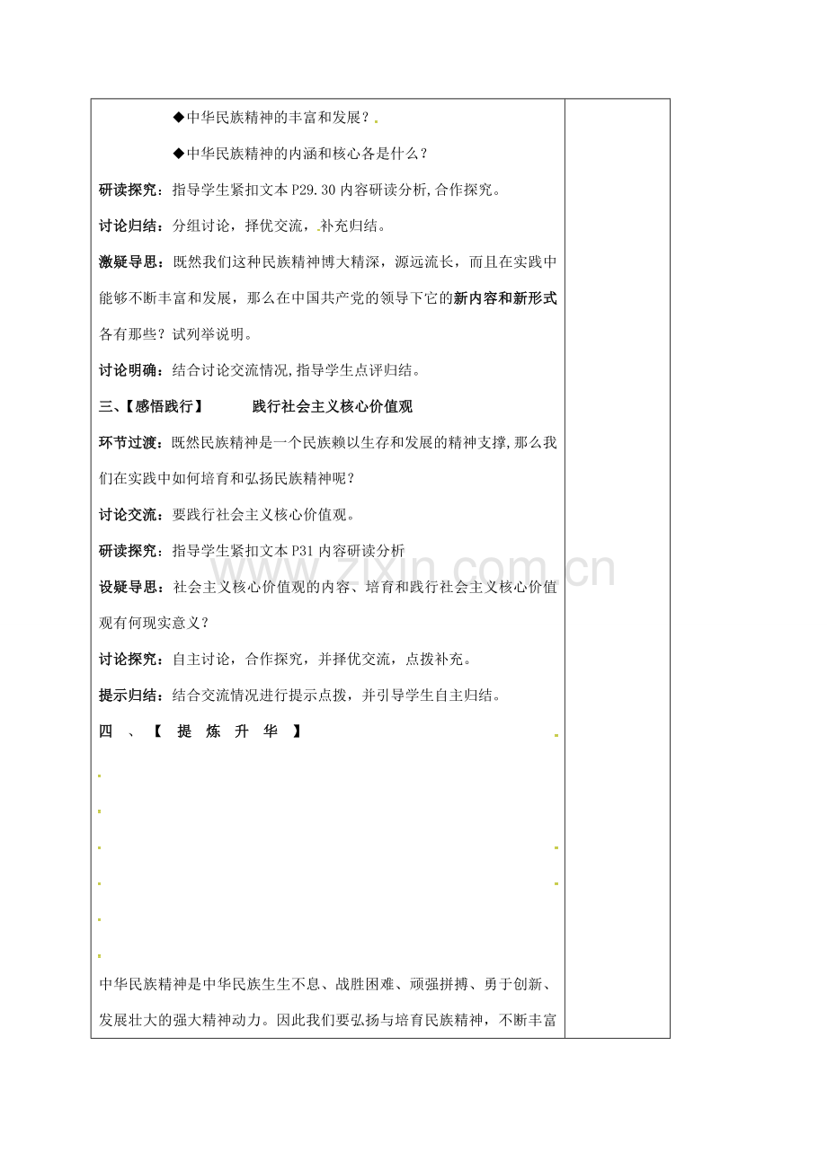 江苏省盐城市九年级政治全册 第一单元 亲近社会 第2课 融入民族文化 第3框 弘扬中华民族精神教案 苏教版-苏教版初中九年级全册政治教案.doc_第2页