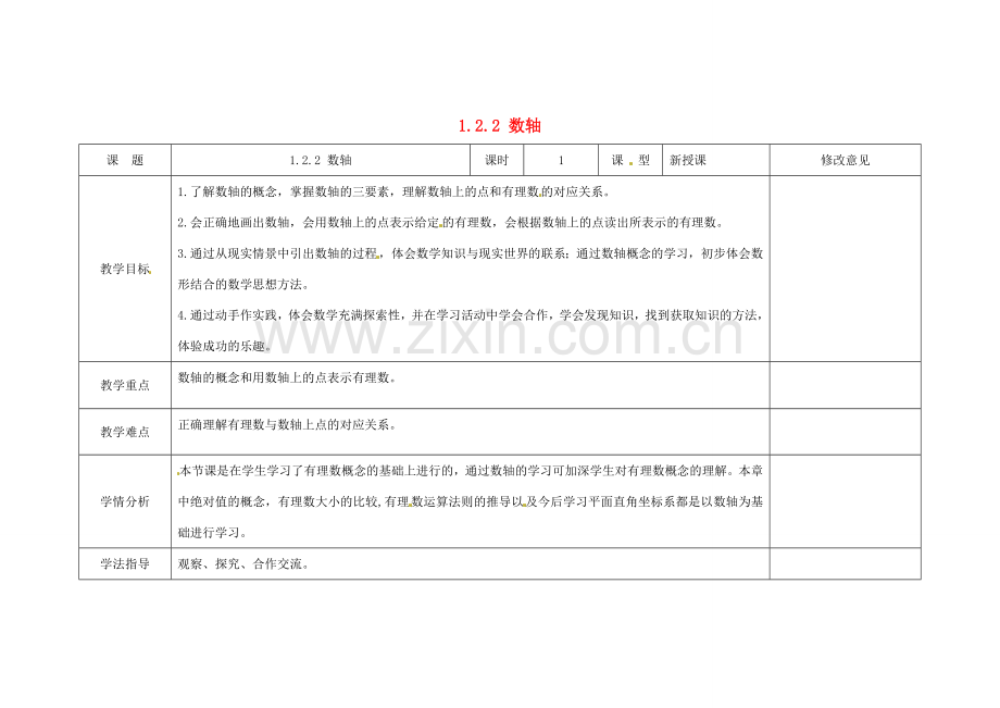 四川省华蓥市明月镇七年级数学上册 1.2.2 数轴教案 （新版）新人教版.doc_第1页