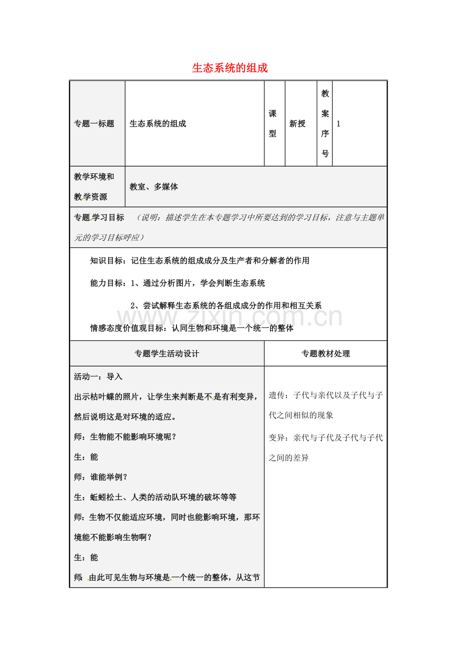 八年级生物下册 6.2.1 生态系统的组成教案 （新版）济南版-（新版）济南版初中八年级下册生物教案.doc_第1页