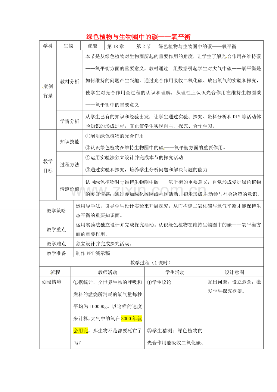 八年级生物上册 第18章 第2节 绿色植物与生物圈中的碳——氧平衡教案 （新版）苏科版-（新版）苏科版初中八年级上册生物教案.doc_第1页