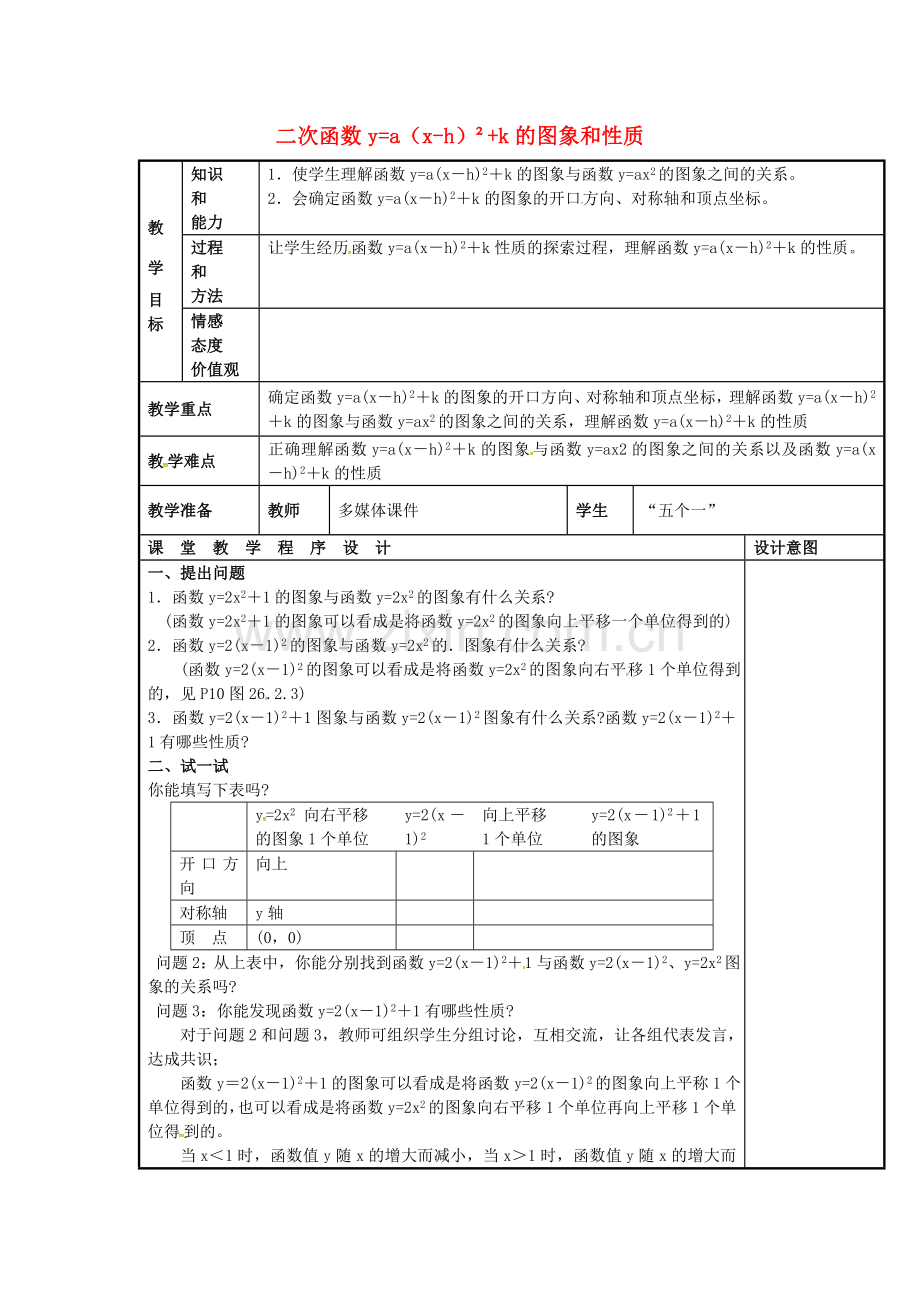 秋九年级数学上册 22.1.5 二次函数ya（x-h）2k的图象和性质教案 （新版）新人教版-（新版）新人教版初中九年级上册数学教案.doc_第1页