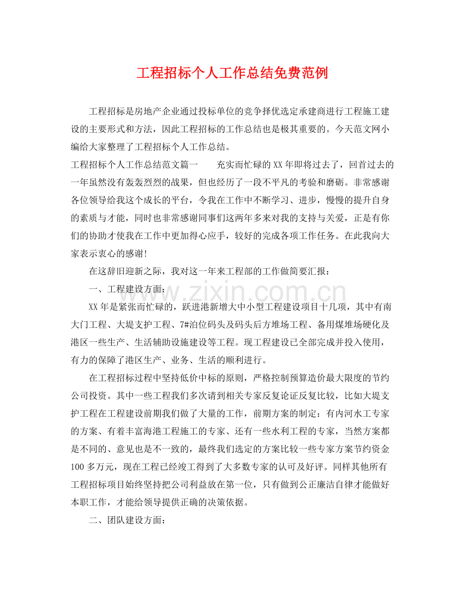 工程招标个人工作总结免费范例 .docx_第1页