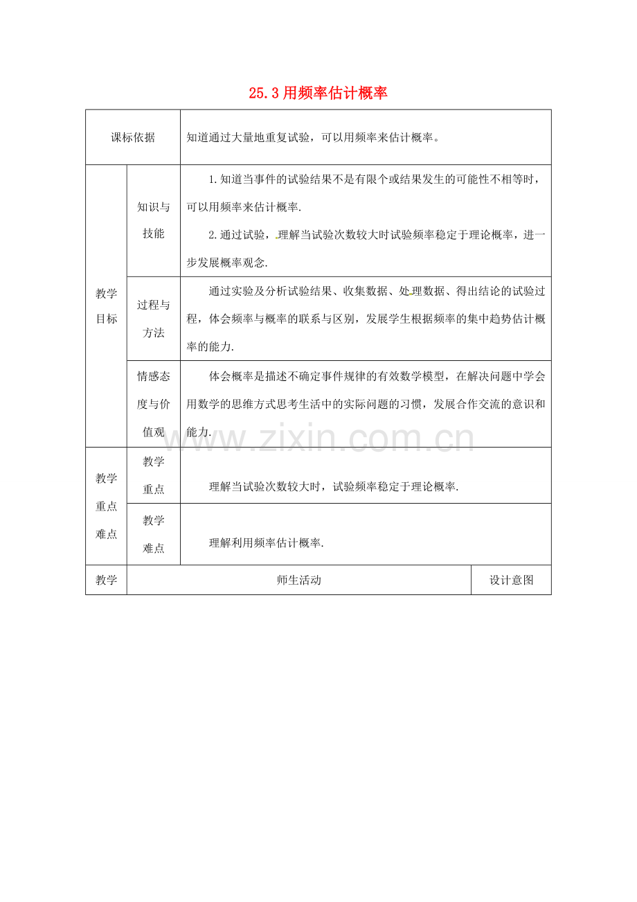 陕西省安康市石泉县池河镇九年级数学上册 25.3 用频率估计概率教案3 （新版）新人教版-（新版）新人教版初中九年级上册数学教案.doc_第1页