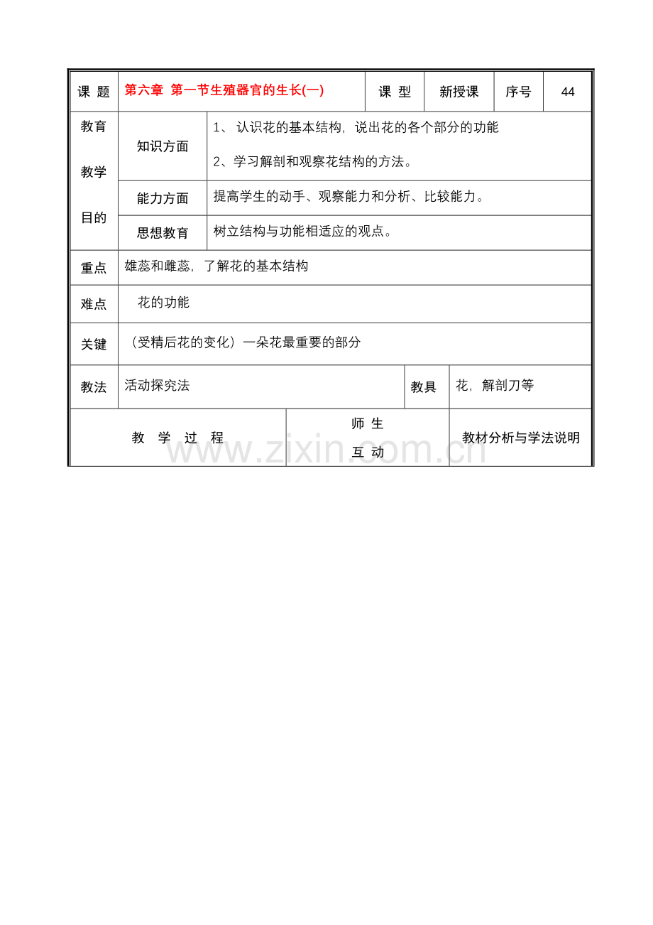 七年级生物上册 第六章 第三节生殖器官的生长(一)教案 北师大版.doc_第1页