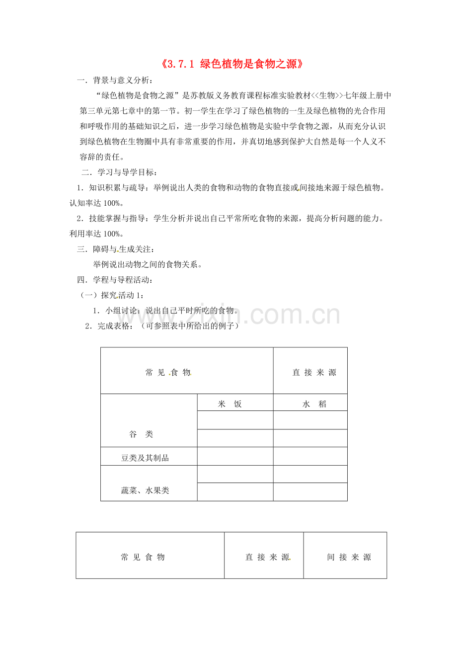 辽宁省辽阳市第九中学七年级生物上册《3.7.1 绿色植物是食物之源》学案（无答案） 新人教版.doc_第1页