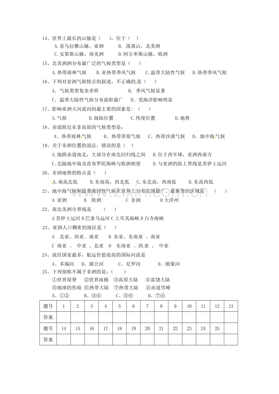 河南省华英学校2012～2013学年七年级地理下学期第一次月考试题(无答案)-新人教版.doc_第2页