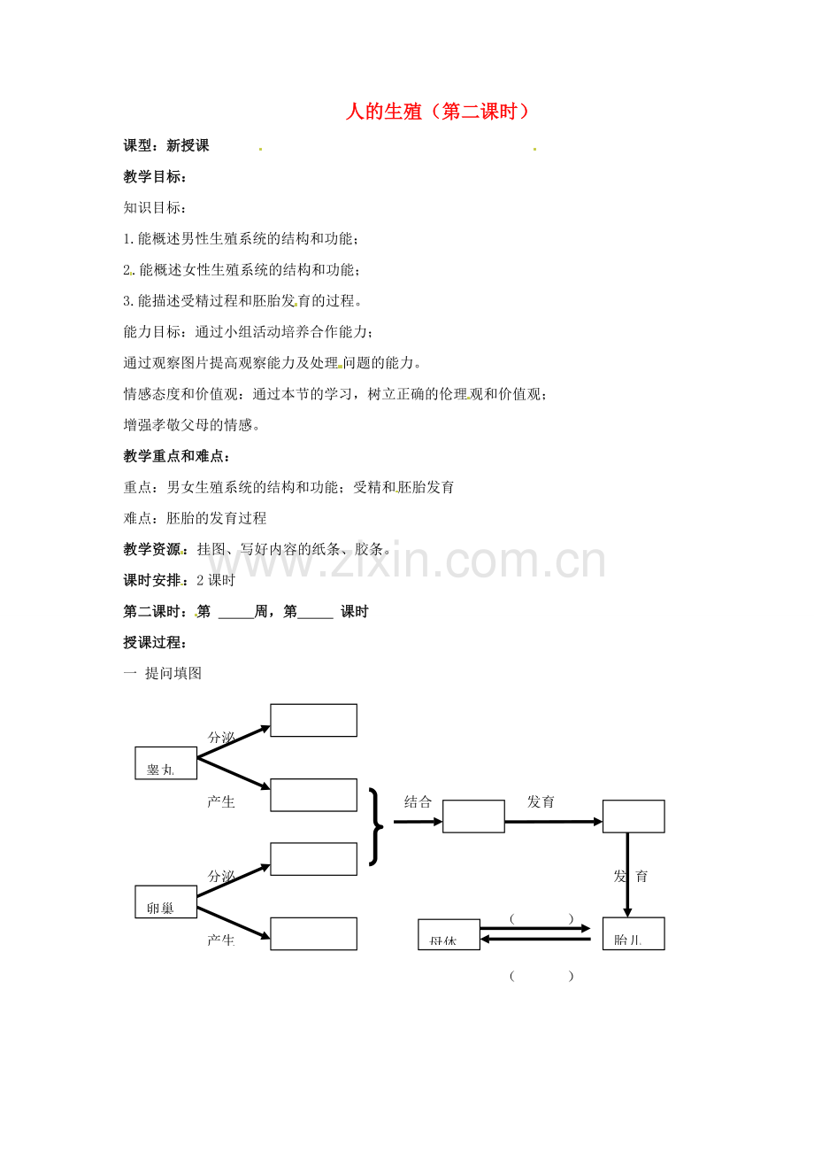 山东省烟台市黄务中学七年级生物下册 第一章 第二节 人的生殖教案（第二课时） 新人教版.doc_第1页