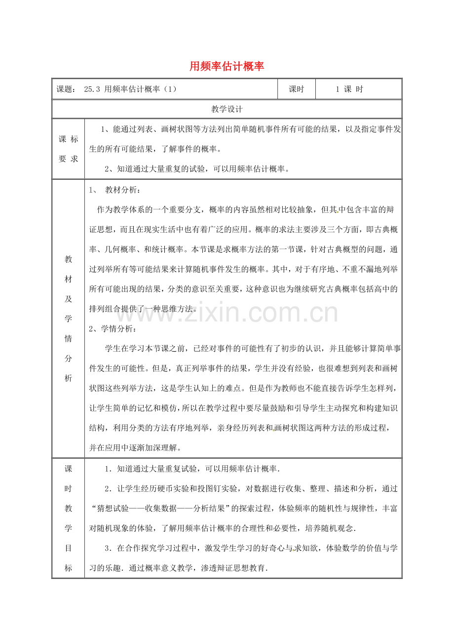 湖南省益阳市资阳区迎丰桥镇九年级数学上册 第二十五章 概率初步 25.3 用频率估计概率（1）教案 （新版）新人教版-（新版）新人教版初中九年级上册数学教案.doc_第1页