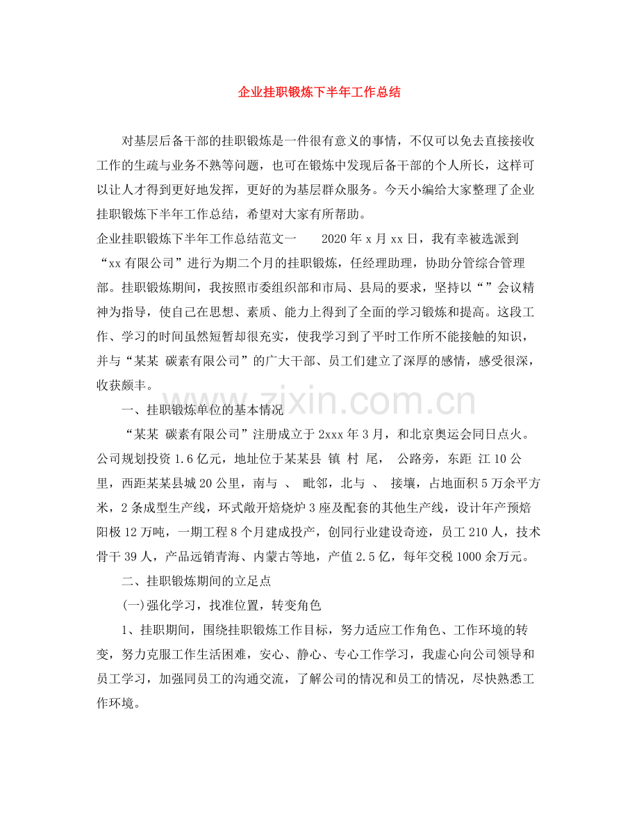 企业挂职锻炼下半年工作总结.docx_第1页